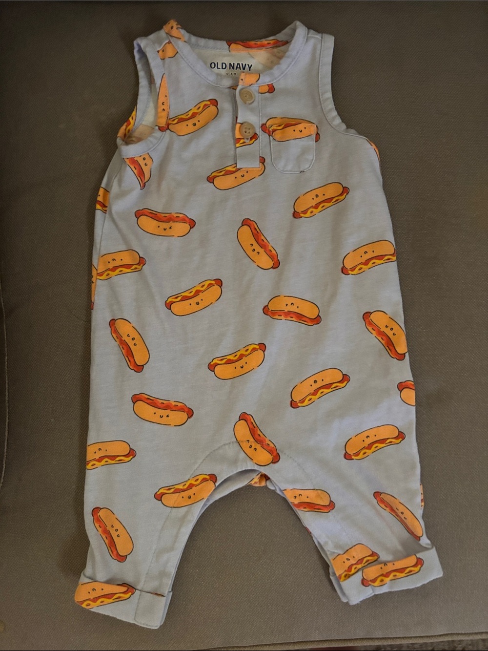 Old Navy Light Blue Sleeveless Baby Romper with Orange Hot Dog Print